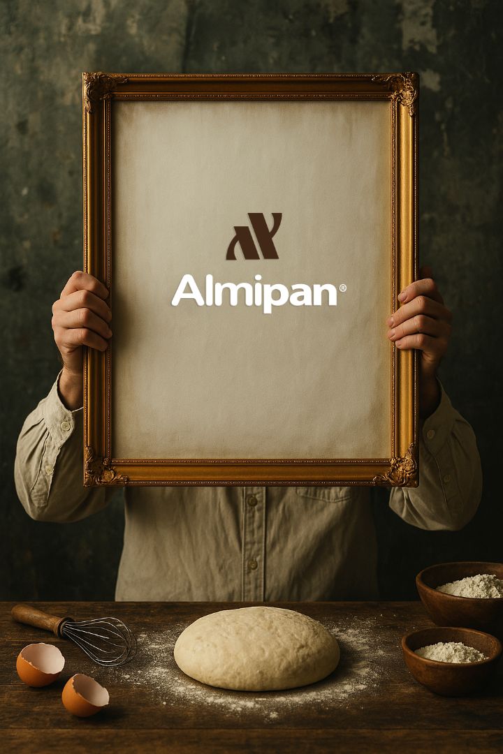 Marca Almipan enmarcada sobre la mesa de amasado