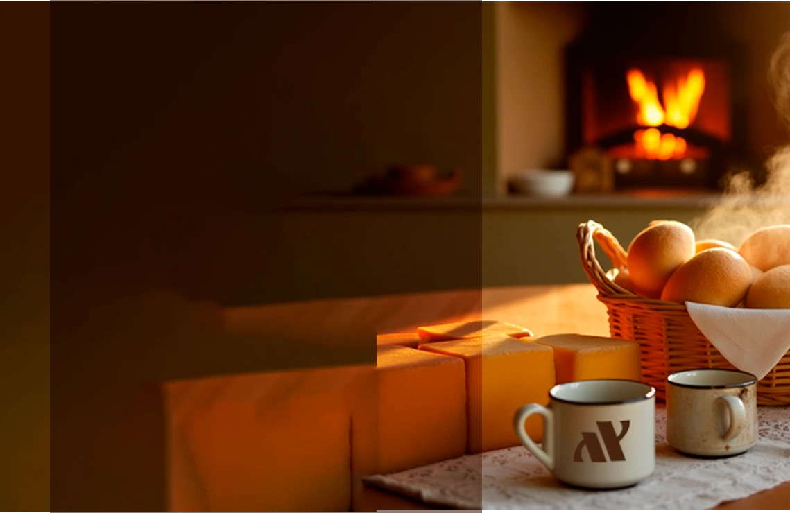 Canasta de pan junto a la chimenea