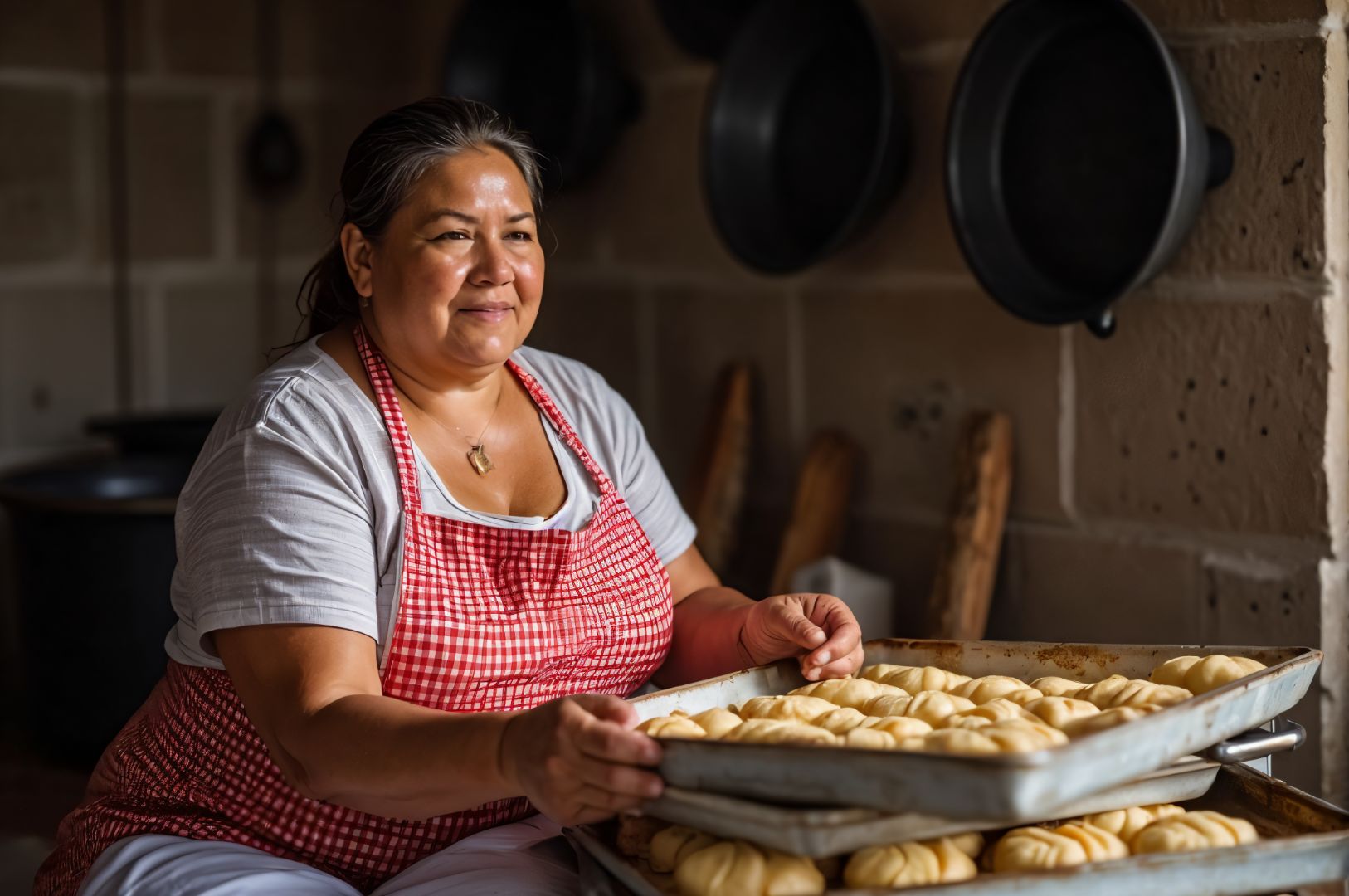 Panadera con una bandeja de pan recién horneado